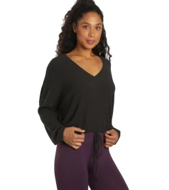 Spiritual Gangster Long Sleeve Drawstring V Neck Top